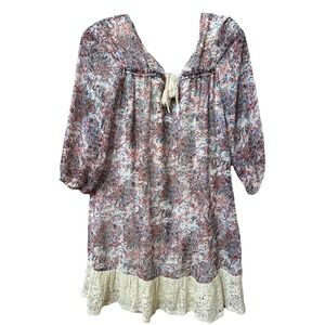 AUW Puff‎ -Sleeve Floral Tunic Dress Tassel Tie Boho Sz 10 Hippy Crochet Trim